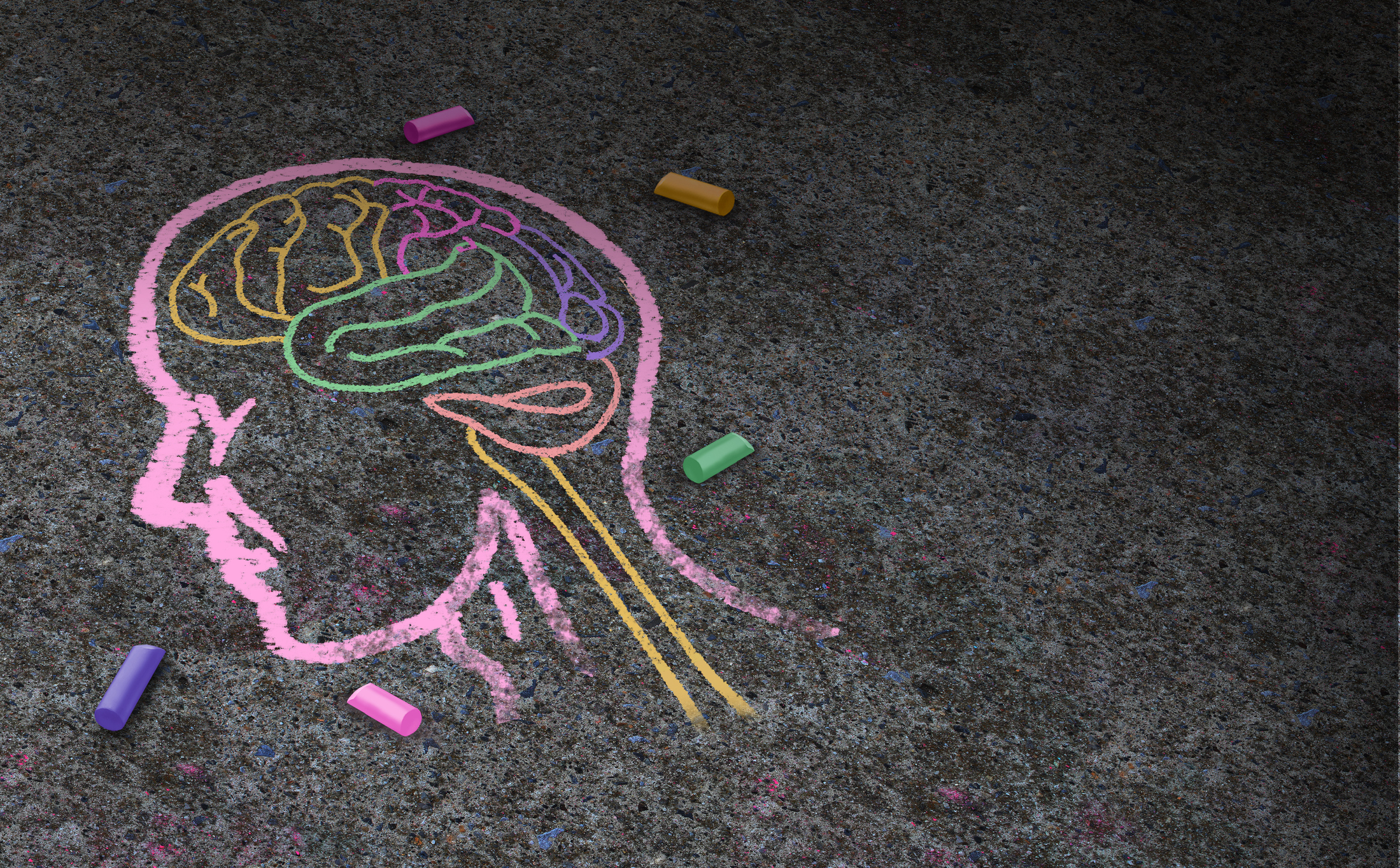 Concept of autism and autistic development disorder as a symbol of a communication and social behavior psychology as a chalk drawing on asphalt in a 3D illustration style.