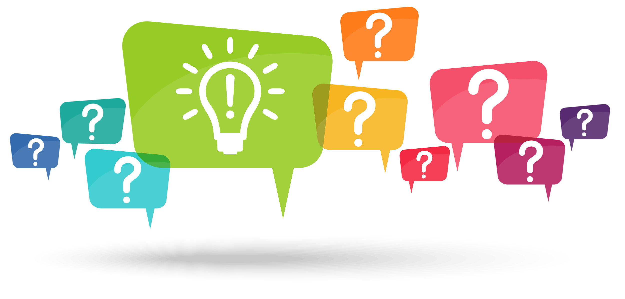 Speech bubbles with colored question marks and with green light bulb symbolizing idea or solution